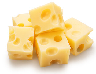  Emmental cheese cubes isolated on white background. File contains clipping path.