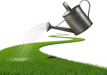 Watering can pouring water on a winding green path isolated on transparent background