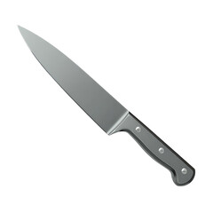 A metallic chef's knife, angled. Dark gray blade, light gray handle