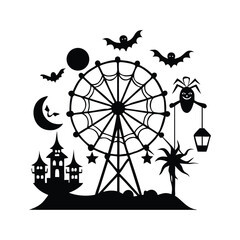 Halloween Silhouette Ferris Wheel with Haunted Castle and Bats vector illustration