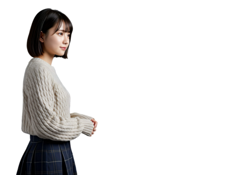 Japanese Woman Smiling in Knit Sweater and Skirt, Transparent Background - Powered by Adobe