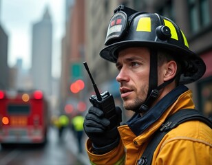 Obraz na płótnie Canvas Firefighter in yellow jacket, black helmet stands on street corner with walkie-talkie, looking towards left side. Red fire truck parked behind, blue awning building in background. Emergency responder