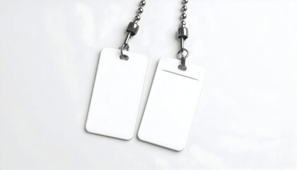 Fototapeta premium A close-up of two blank white identification tags with rounded corners hanging from a silver-colored metal ball chain against a stark white background.
