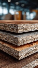 Close-up view of stacked wooden boards in a workshop environment with a blurred background