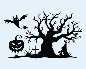 Halloween Silhouette with Spooky Tree, Ghost, Spider, and Jack O Lantern vector illustration