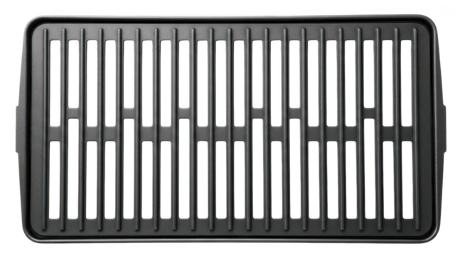 Dark gray metal grill grate with parallel bars and open spaces image