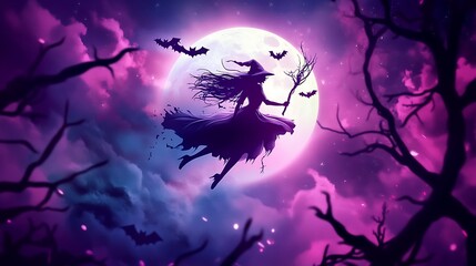 Fototapeta premium Full moon Halloween banner with vector logo, bats, and a pretty witch silhouette flying through eerie branches