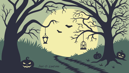 Fototapeta premium Spooky Black and White Halloween Forest with Jack-o’-Lantern and Full Moon – Vector Background