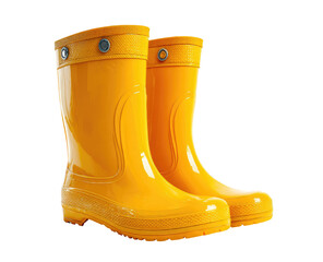 Bright yellow rubber boots.  Pair of vibrant yellow rain boots, glossy finish, and small, light gray textured soles.  Two small metal eyelets are visible on each boot.  