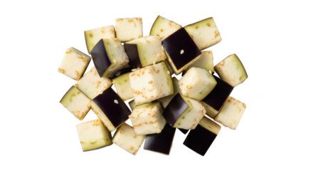Diced Eggplant Cubes with Purple Skin and White Flesh on Background vegetable food