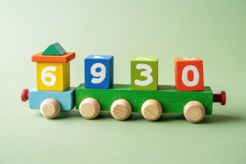 Colorful wooden train toy with numerical blocks on a light green background, educational and fun for toddlers.