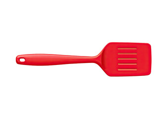 Red plastic spatula, angled view