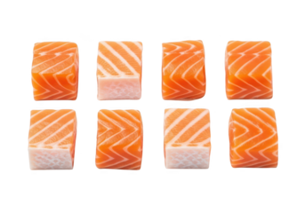 Eight perfectly cut raw salmon cubes arranged on background fish food