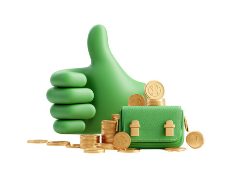 A bright green cartoon thumb up gesture sits atop a pile of gold coins, with a matching green purse/wallet filled with coins below.  3D rendering