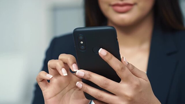 Elegant Woman in Blue Blazer Using Black Smartphone Indoors with Light Background for Professional Communication