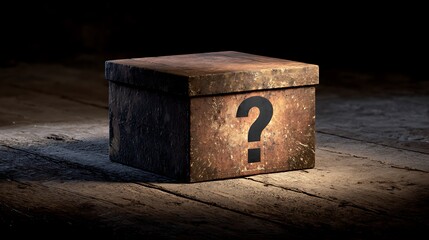 Mystery Box on Wooden Floor with Question Mark Revealing Unknown Content