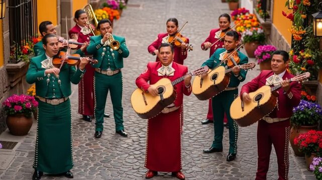 Vibrant mariachi band plays traditional music on cobblestone street surrounded by colorful flowers