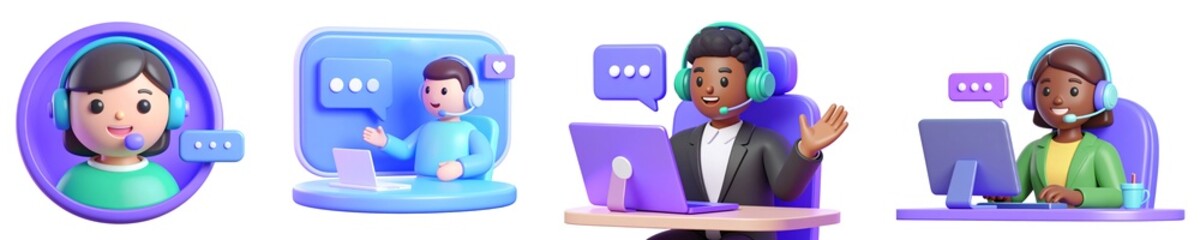 Customer support call center online help communication headset laptop diverse people cartoon style technology service concept. Friendly animated characters provide assistance using computers