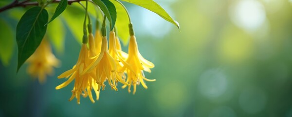 Vibrant yellow flower blooms with long slender stem, many small petals in circular pattern. Fragrant plant grows in green natural setting. Close-up image from above shows unique perspective of