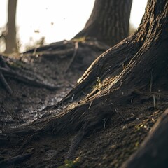 Fototapeta premium AI generated nature texture macro shot of soil and tree roots