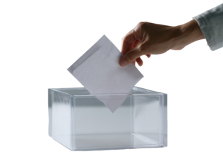A hand places a white ballot into a clear acrylic ballot box