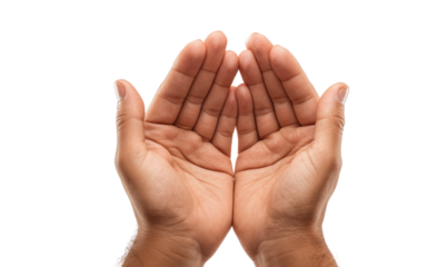 Two hands cupped together, palms up.  Close-up of cupped hands, showing skin texture and details.  Isolated against black background