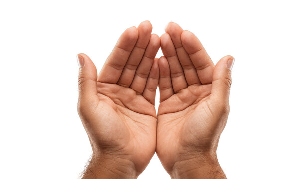 Two hands cupped together, palms up.  Close-up of cupped hands, showing skin texture and details.  Isolated against black background