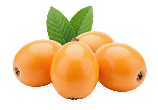 Four ripe orange loquats with green leaves on background fruit fresh