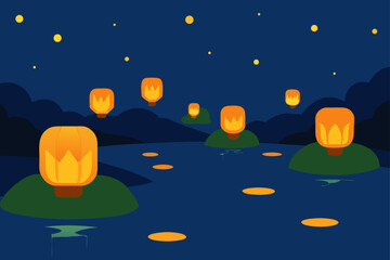 Fototapeta premium Glowing Lanterns Floating Across Night River Illustration