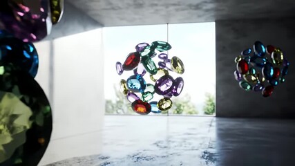 Colorful Faceted Gems Abstract Spheres Suspended in a Modern Concrete Geometric Space with Open View to Greenery - Powered by Adobe