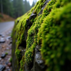 Green moss growth on wet stone surface