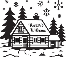 Obraz premium A Charming Black-and-White Illustration of a Cozy Log Cabin with a 