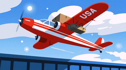 Vintage-style airplane soaring through blue skies delivering packages with USA marking, evokes nostalgia and efficient delivery, perfect for logistics or travel business visuals