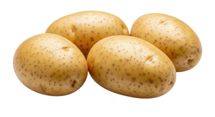 Four whole raw Yukon Gold potatoes with brown speckles on background image