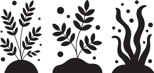 Naklejka premium A Set of Black-and-White Vector Silhouettes of Aquatic Plants and Bubbles for an Underwater Scene