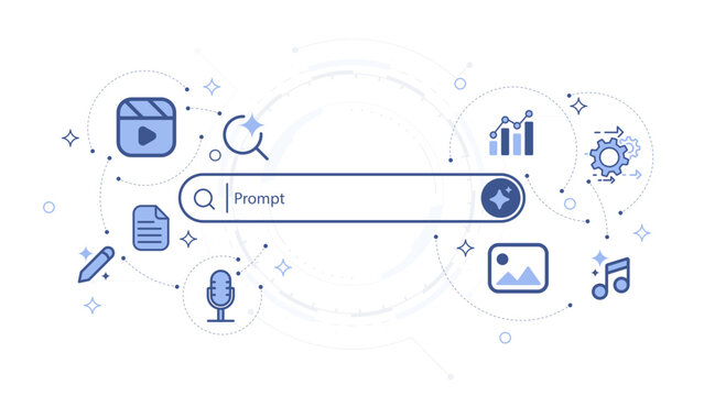 Artificial intelligence technology concepts. Generative bar with media and data icon. Machine learning and generate. Input prompt as commands for search and generate by AI. Vector illustration.