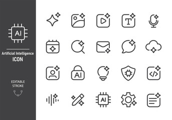 Set of artificial intelligence line icon set vector collection. Generative AI symbol. AI logo and star. Machine learning, smart robotic. Web user interface element for ui ux design. Editable stroke.