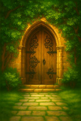 Fototapeta premium Old wooden doorway in a garden with stone wall and vintage gate