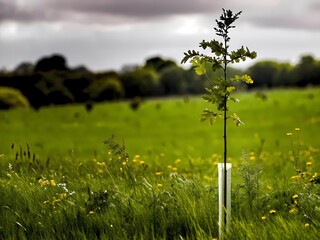 AI generated sustainable oak planting project with protective tube