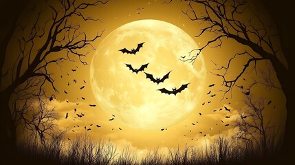 Vector Halloween horizontal banner with bats, tree branches, witch silhouette flying across full moon
