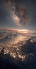 A breathtaking view of a sunrise or sunset above a vast expanse of clouds, with the Milky Way galaxy visible in the night sky above