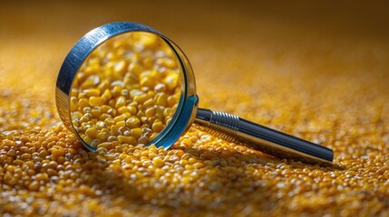 A close-up of a magnifying glass examining a grain of corn, highlighting food quality and inspection processes with a focus on detail and precision.