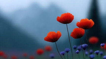 A field of red flowers with blue flowers in the background