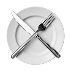 White plate with crossed silver knife and fork