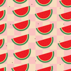 seamless pattern cute cartoon watermelon in pink checkered background. cute fruit pattern for gift wrap paper