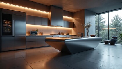 Modern kitchen with large island in center, sleek black countertop, stainless steel backsplash, sink. Gray floor, gray curtain complement contemporary design. Gray countertop, backsplash create