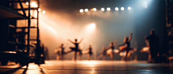 Blurred ballet dancers performing on stage with dramatic lighting Artistic concept of dance, performance, and theater