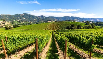 Fototapeta premium Lush vineyard rows stretching towards a backdrop of rolling hills under a vibrant blue sky