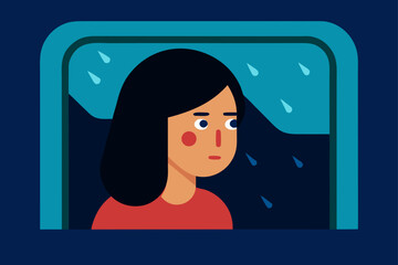 Woman Looking Through Rainy Train Window