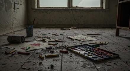 Art supplies spread on floor in abandoned building with broken crayons and gritty signs of decay